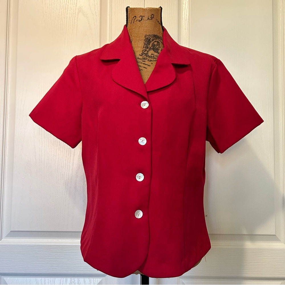 VTG Sophisticates by Jonathan Martin Red Blouse Abalone Buttons Sz Large